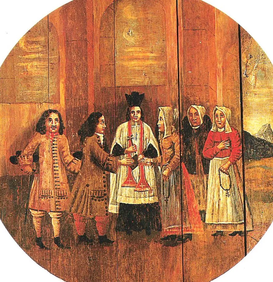 Le mariage : peinture sur lambris, chapelle Saint-Tugen, Primelin.