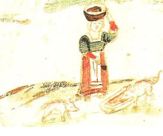 La domestique :la servante aux pourceaux (carte du Miroir du monde ;
Michel Le Nobletz, vers 1634)