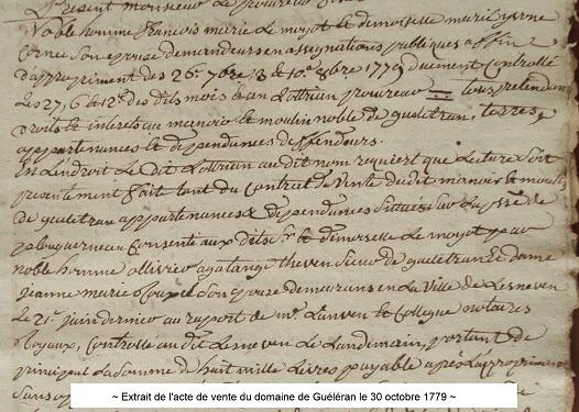 Extrait de l'acte de vente du domaine de Guéléran le 30 octobre 1779