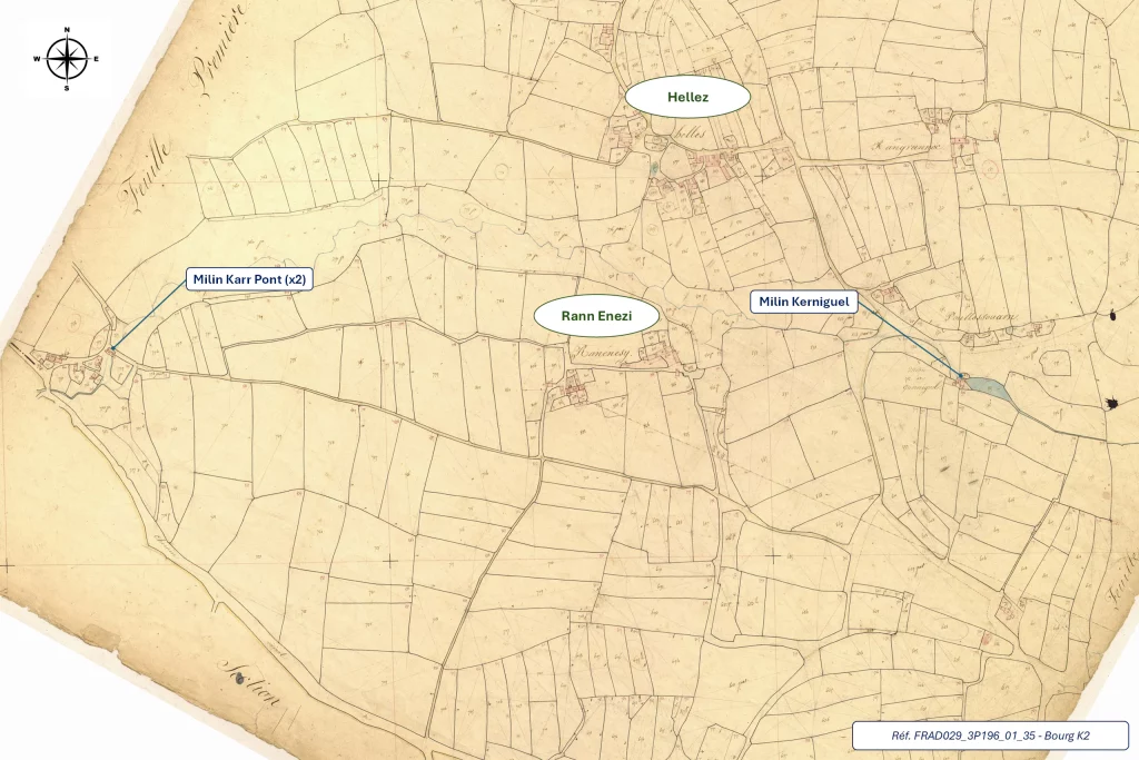 Les moulins du Karr Pont et de Kerniguel à Plouguerneau  sur le cadastre napoleonien de 1840
