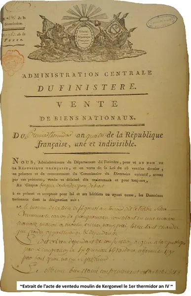 Acte de vente du moulin de Kergonvel le 1er thermidor an IV