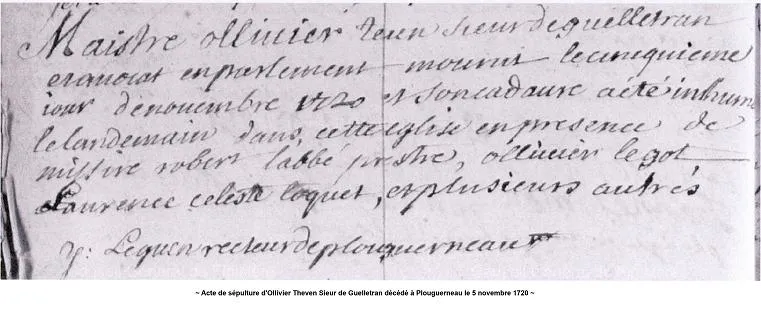 Acte de sépulture d'Ollivier Theven sieur de Guelletran