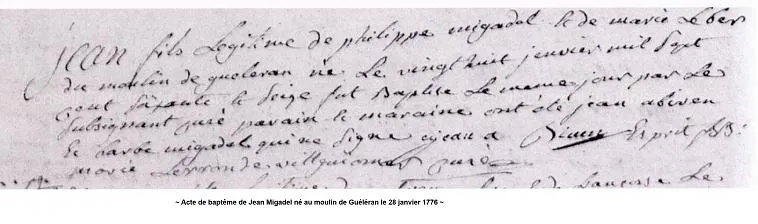 Acte de baptème de Jean Migadel
