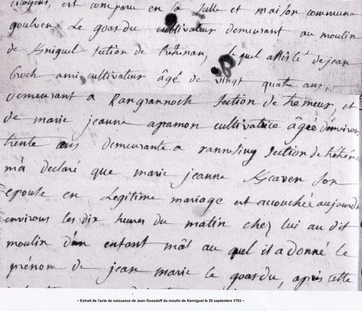 Extrait de l'acte de naissance de Jean Goasduff du moulin de Kerniguel le 25 septembre 1793