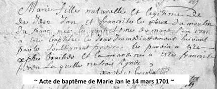 Etat-civil, acte de baptème de Marie Jan le 14 mars 1701