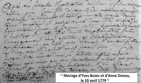 Etat-civil, mariage d'Yves Bozec et d'Anne Donou, le 10 avril 1779