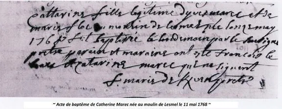 Etat-civil, acte de baptème de Catherine Marec née au moulin de Lesmel le 11 mai 1768