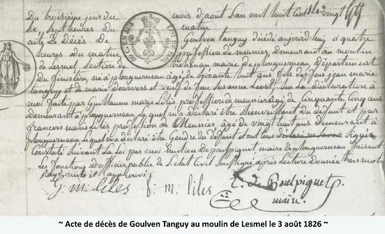 Etat-civil, acte de décès de Goulven Tanguy au moulin de Lesmel le 3 aout 1826