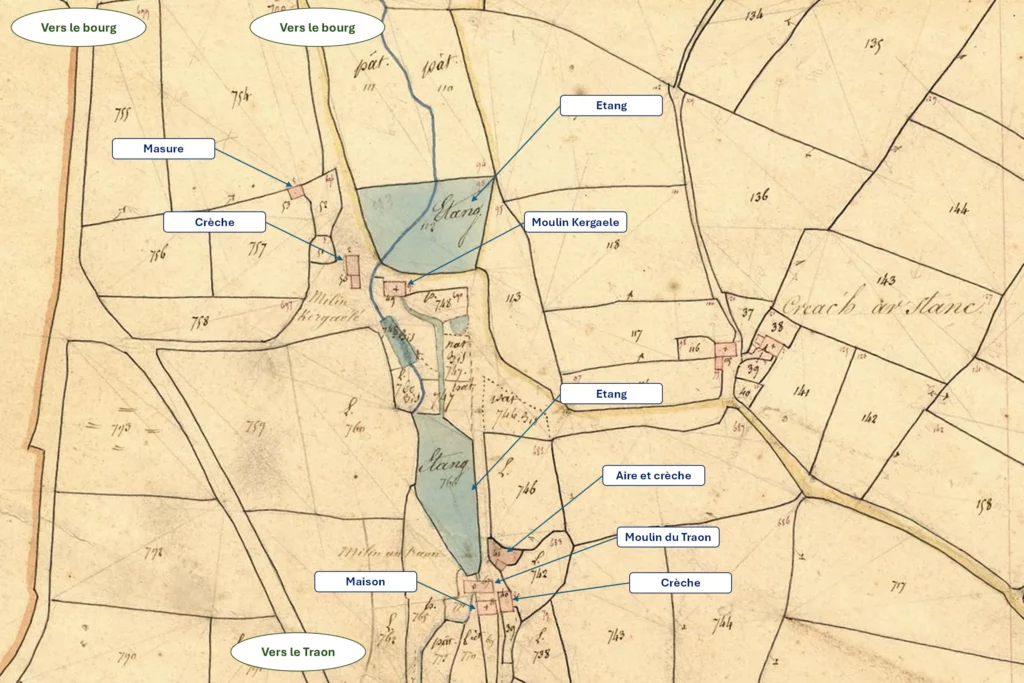 Le moulin de Kergaele en Plouguerneau sur le cadastre napoléonien de 1840
