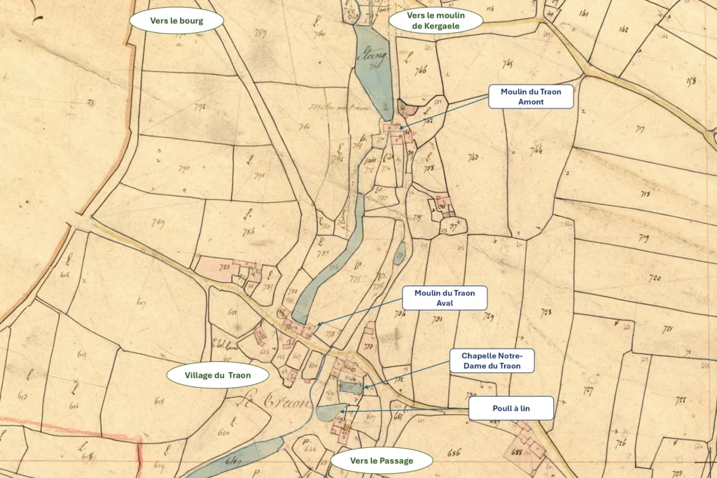 Les deux moulins du Traon en Plouguerneau sur le cadastre napoléonien de 1840