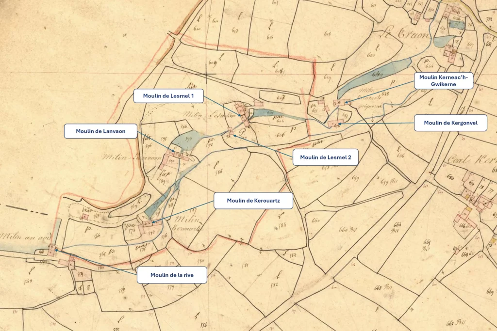 Les moulins du Traon en Plouguerneau sur le cadastre napoléonien de 1840